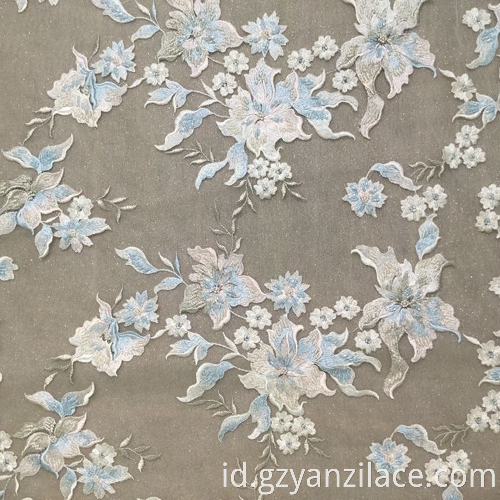 Sky Blue handmade Embroidery Flower Design Fabric